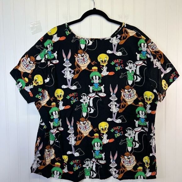 Women’s Looney Tunes Scrub Top What’s Up Doc? Taz Bugs Bunny Tweety Bird Sz 3xl - Picture 8 of 16